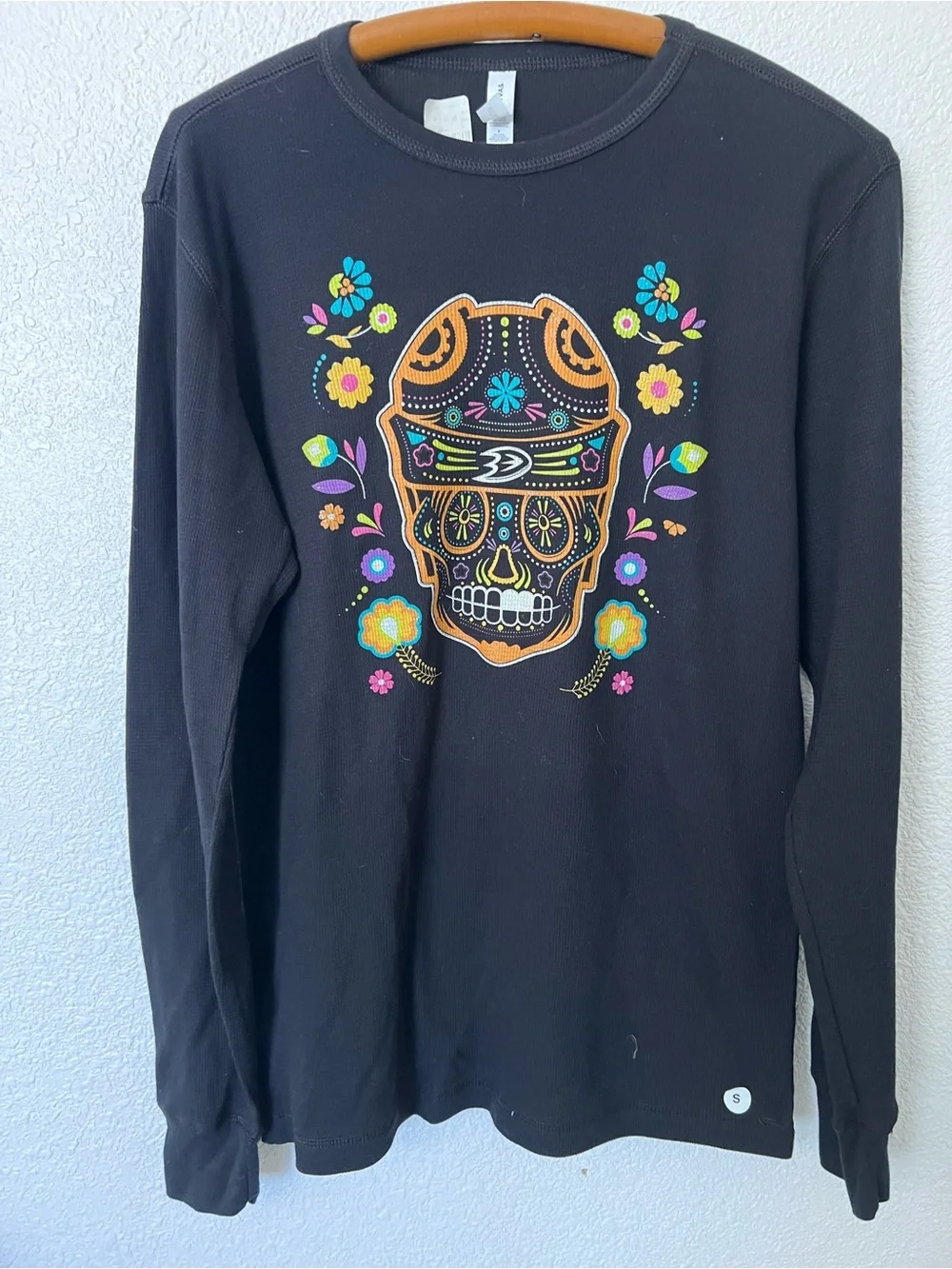 Bella Canvas Black Tee with Colorful Sugar Skull glitter Accent - Small - Picture 1 of 7
